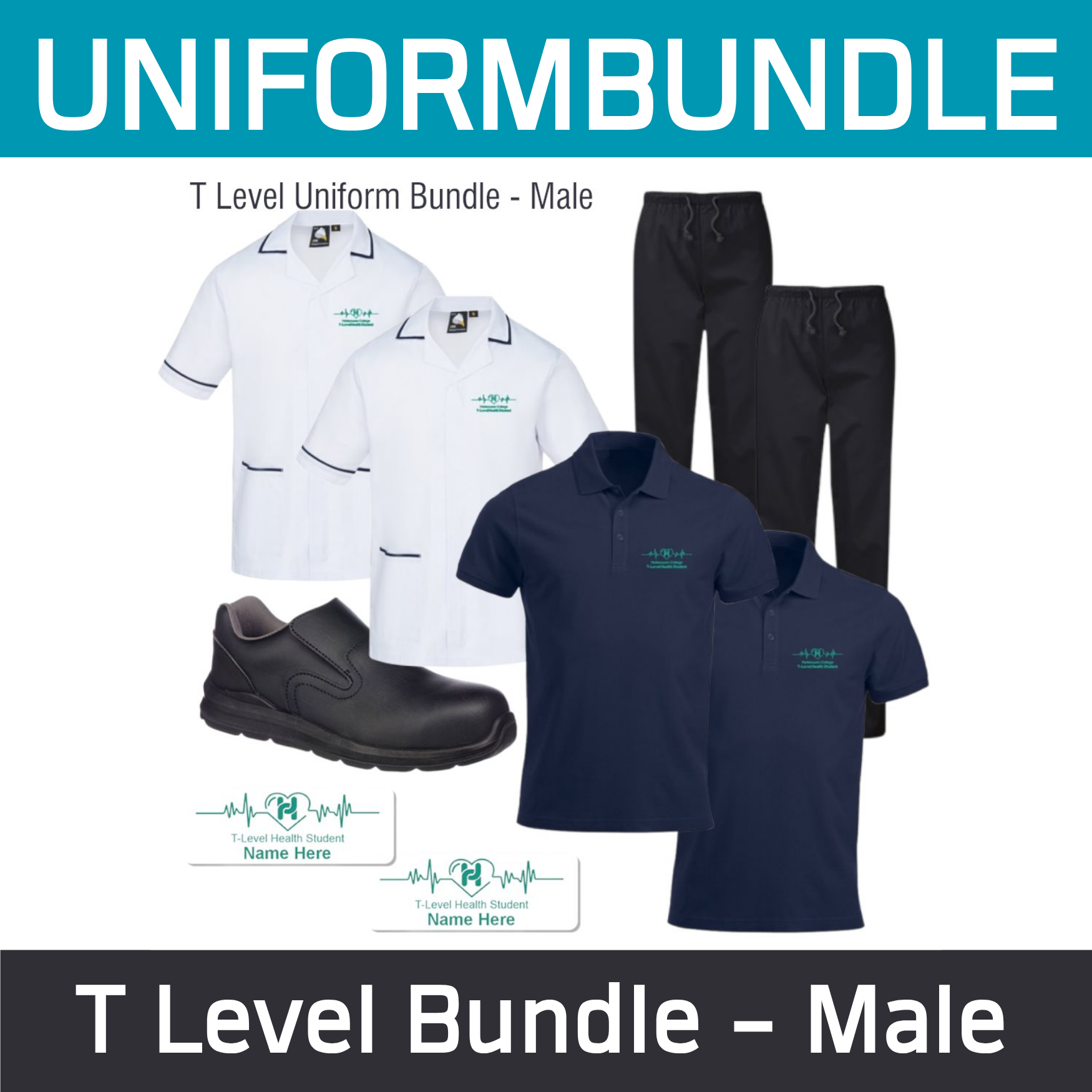 Health & Social Care T Level Uniform Bundle - 2 Scrub Trousers, 2 Tunics, 2 Navy Polos, 1 Pair Shoes and 2 name badges