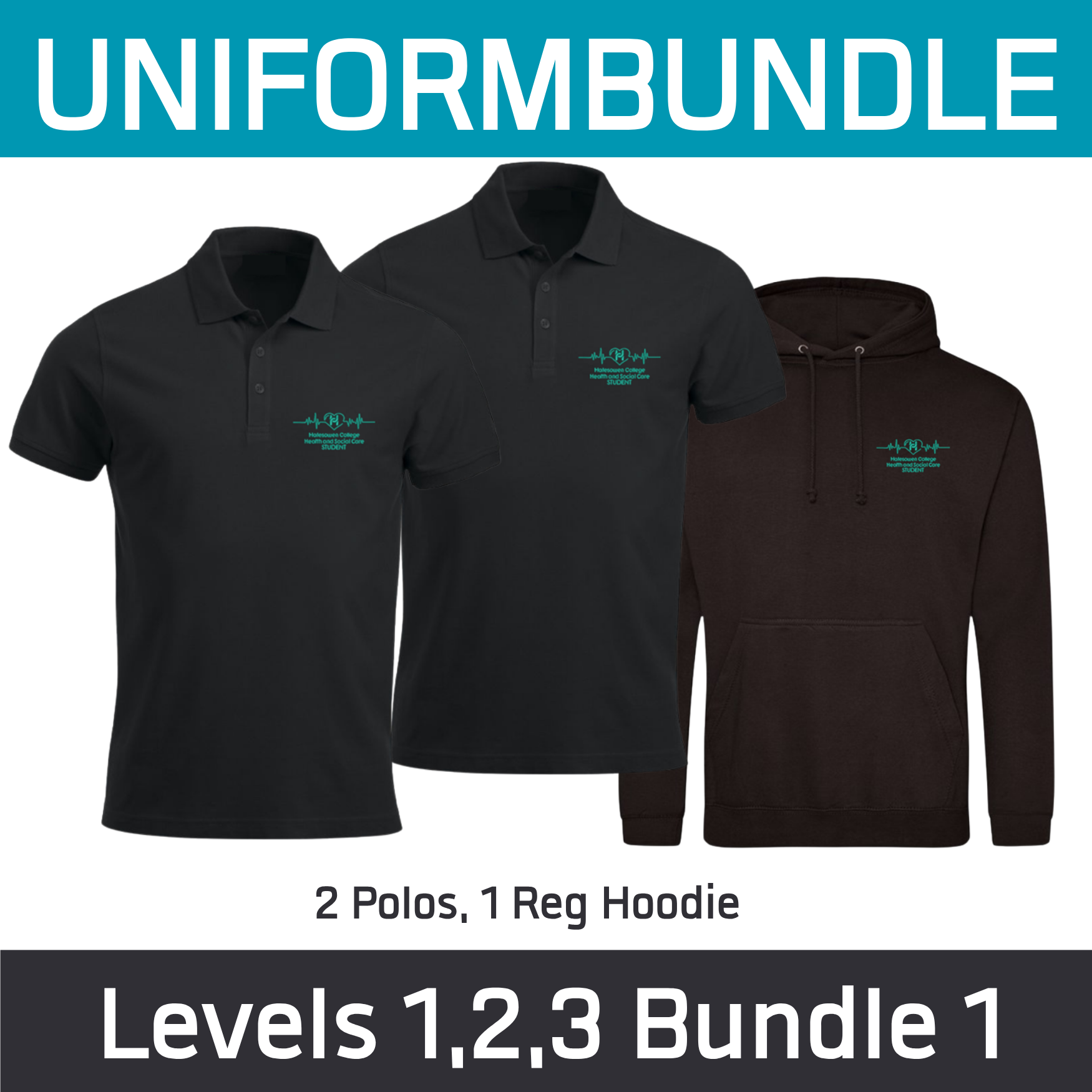 Health & Social Care Levels 1 2 and 3 Bundle - 2 Poloshirt and 1 Hoodie