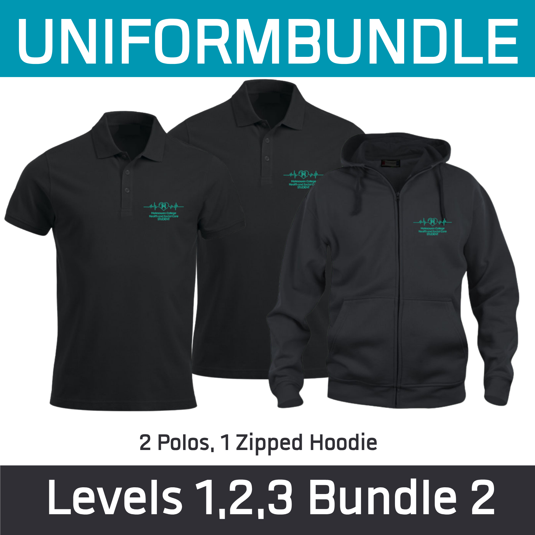 Health & Social Care Levels 1 2 and 3 Bundle - 2 Poloshirt and 1 Zoodie