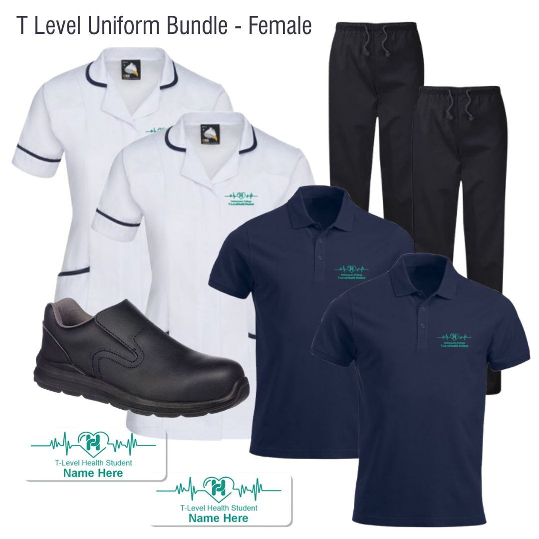 Health & Social Care T Level Uniform Bundle - 2 Scrub Trousers, 2 Tunics, 2 Navy Polos, 1 Pair Shoes and 2 name badges